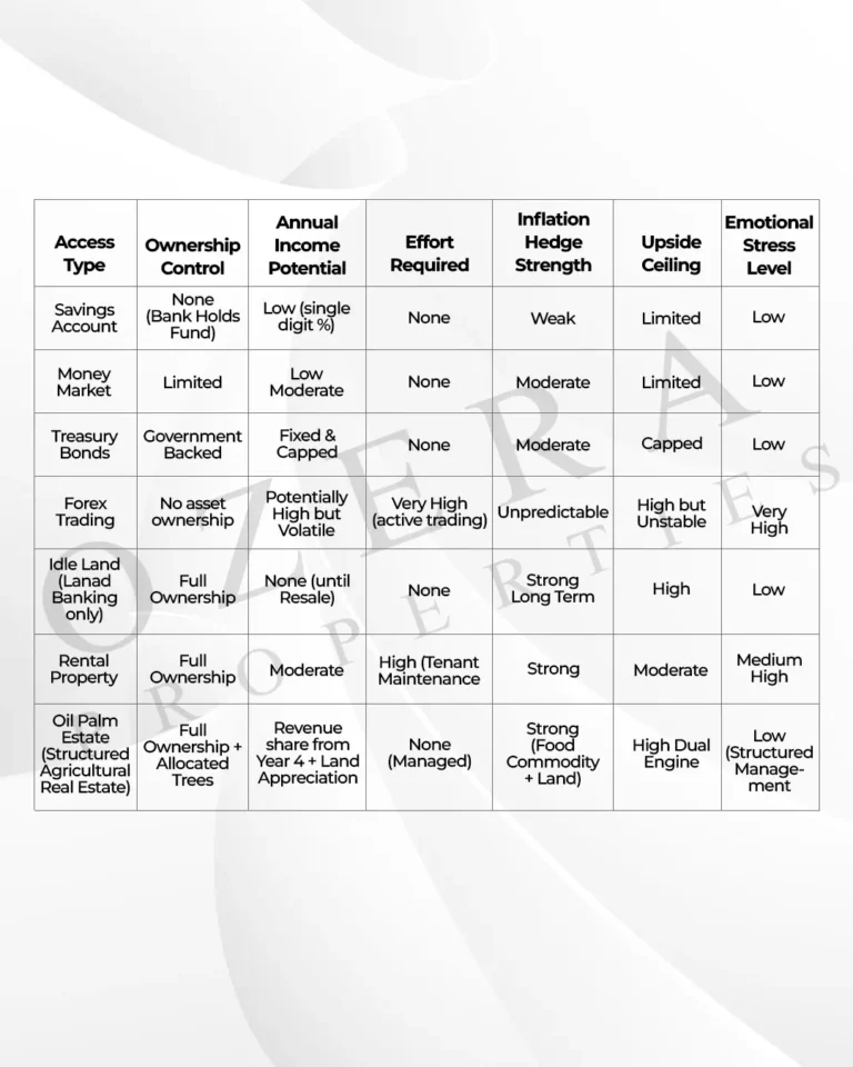 Ozera Properties - Comparison Table of Oil Palm Estate and Other Asset